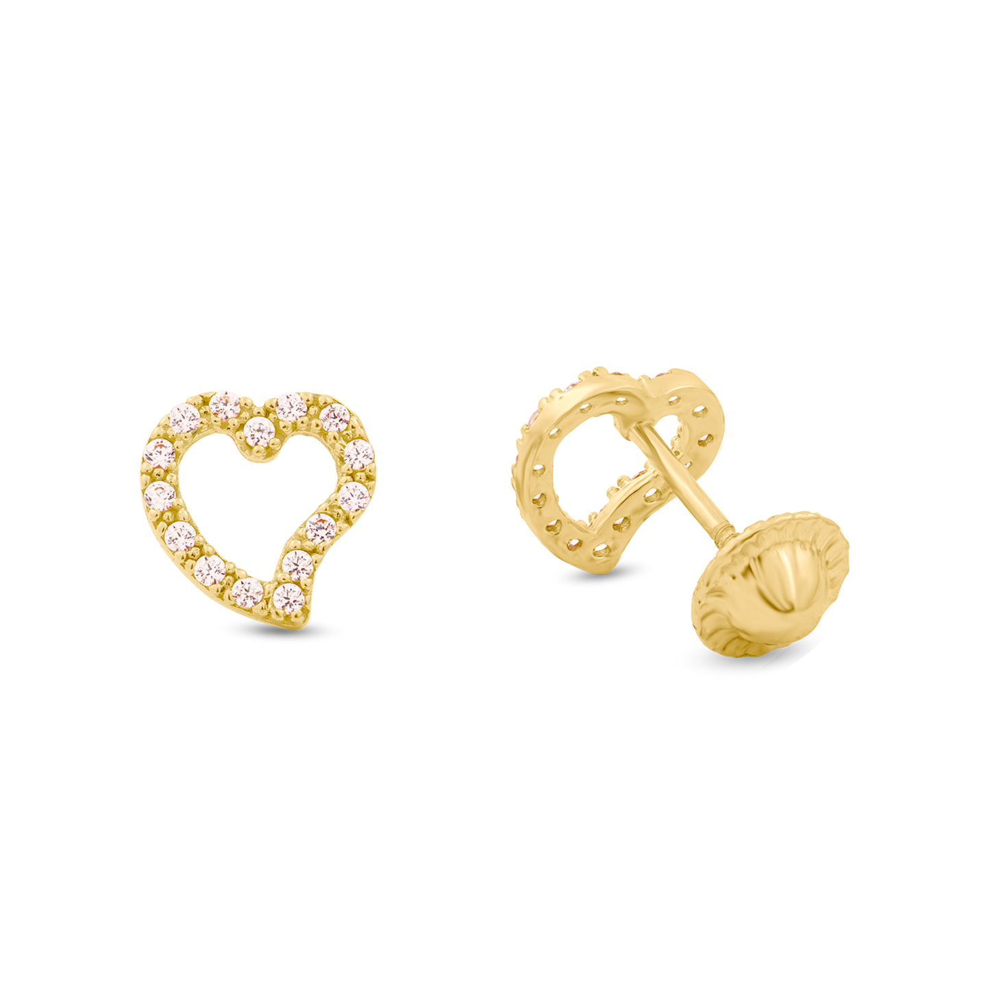 18K Yellow Gold Small Pink CZ Heart Earrings