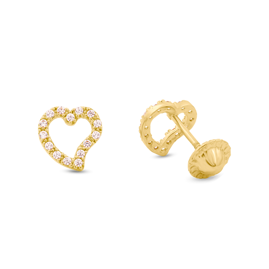 18K Yellow Gold Small Pink CZ Heart Earrings