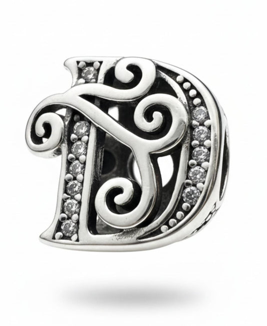 White Silver Pandora D Charm with Sapphire