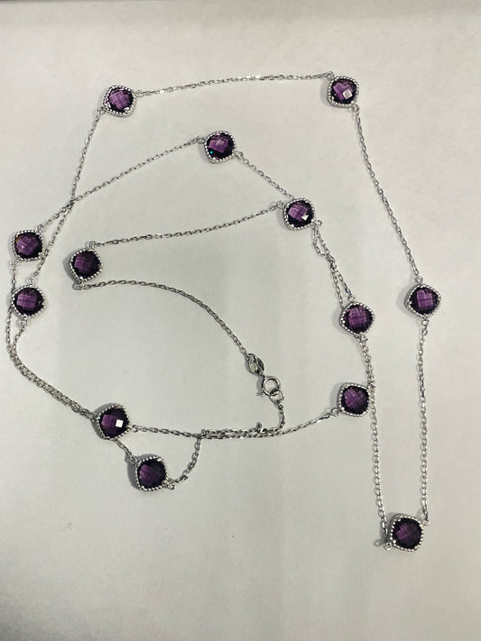 White Silver Purple Stone  Necklace with CZ