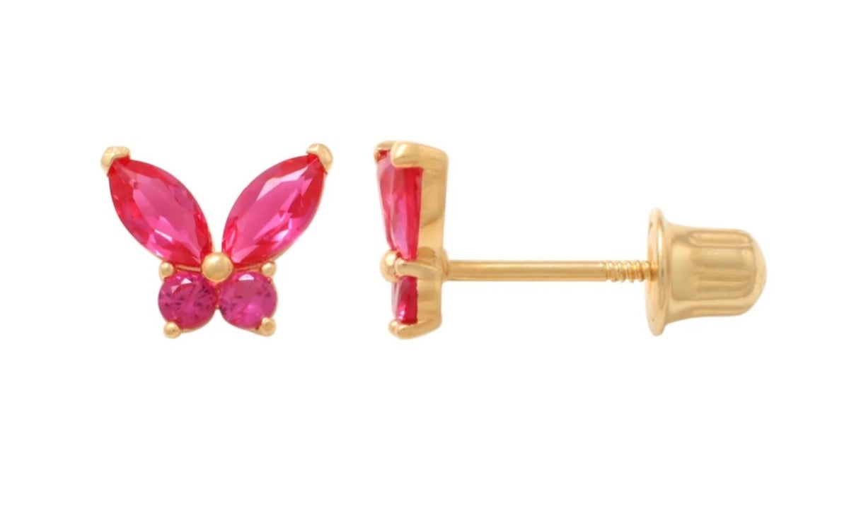 14K Yellow Gold Pink Butterfly Earring with CZ
