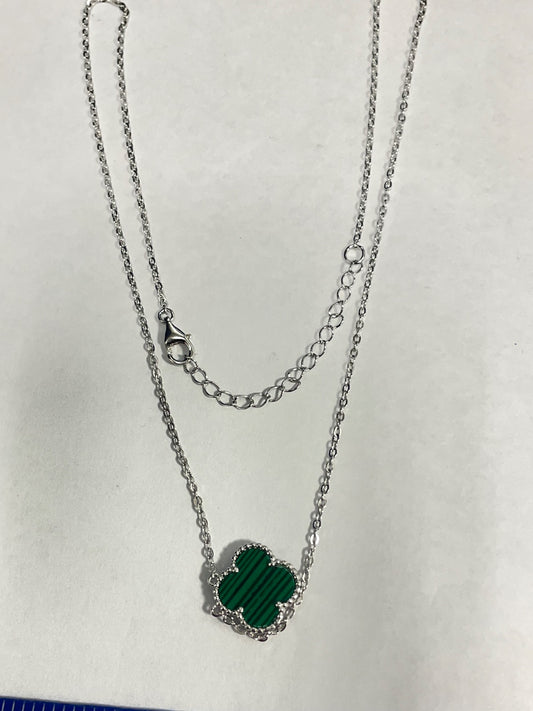 White Silver Clover  Necklace with CZ