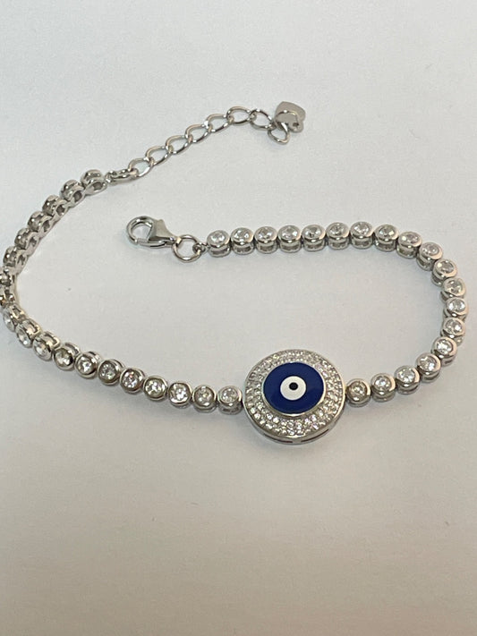 White Silver Evil Eye  Bracelet with CZ