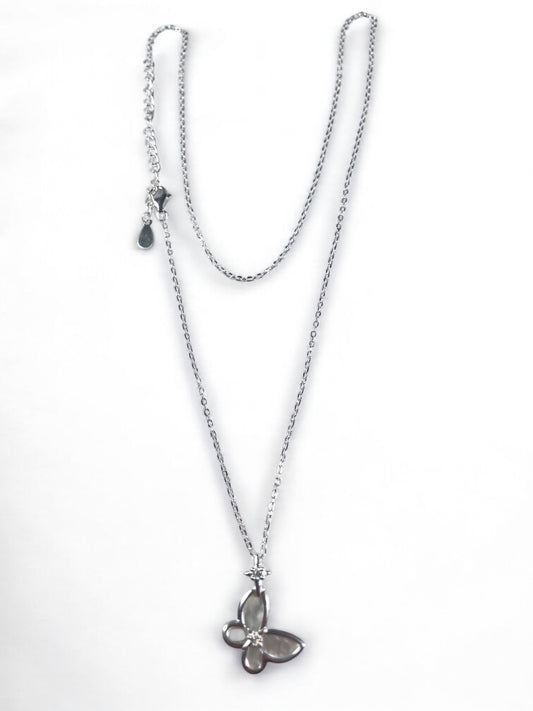 White Silver Butterfly Necklace with Mother Of Pearl