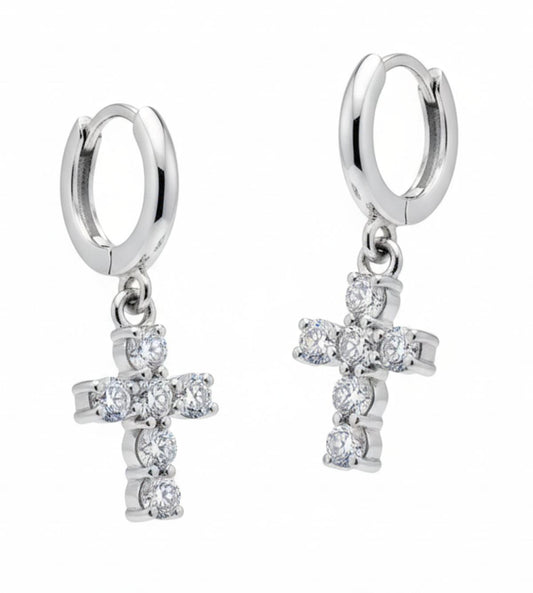 White Silver Cross Earring with CZ