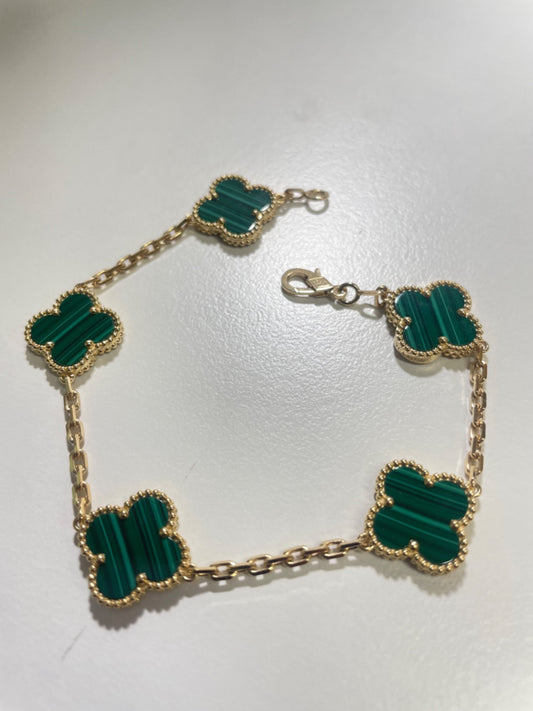 18K Yellow Gold Green Clover  Bracelet