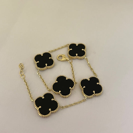 14K Yellow Gold Black Four Leaf Clover  Bracelet with CZ