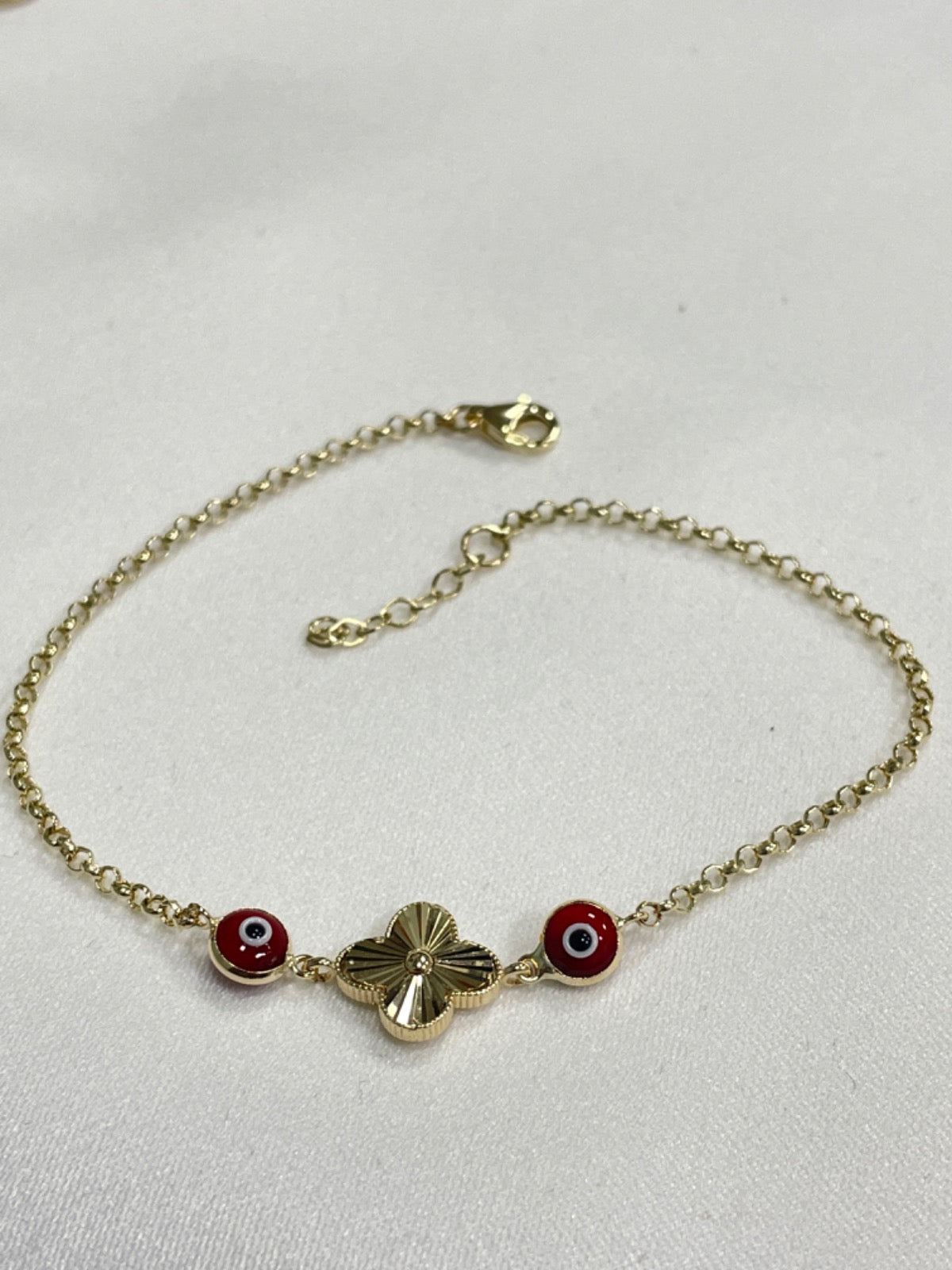 14K Yellow Gold Clover and Eyes Bracelet with CZ