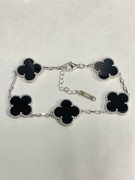 White Silver Clover  Two Color (brown and Black) Bracelet with CZ