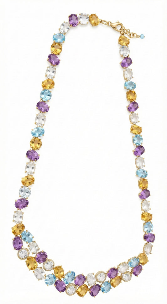 18K Yellow Gold Multicolor Necklace with Diamond, Amethyst, Topaz, Citrine and Green Gold