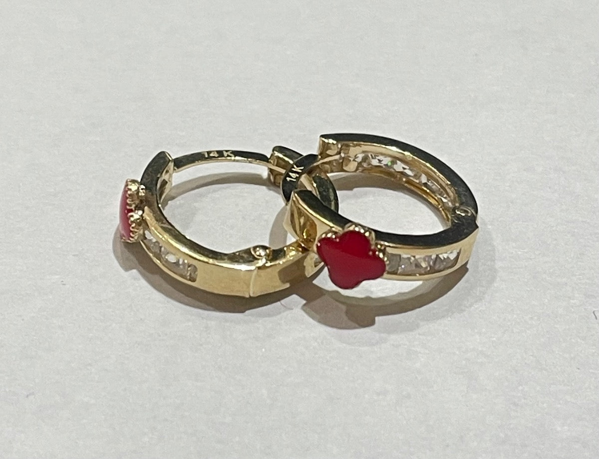 14K Yellow Gold Small Red Clover  Earring with CZ