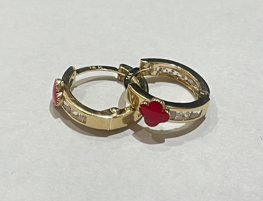 14K Yellow Gold Small Red Clover  Earring with CZ