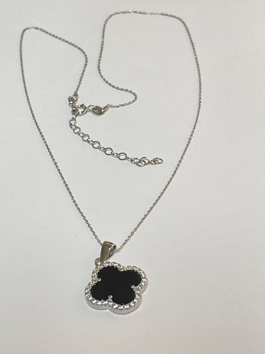 White Silver Clover  Charm Necklace Set with CZ