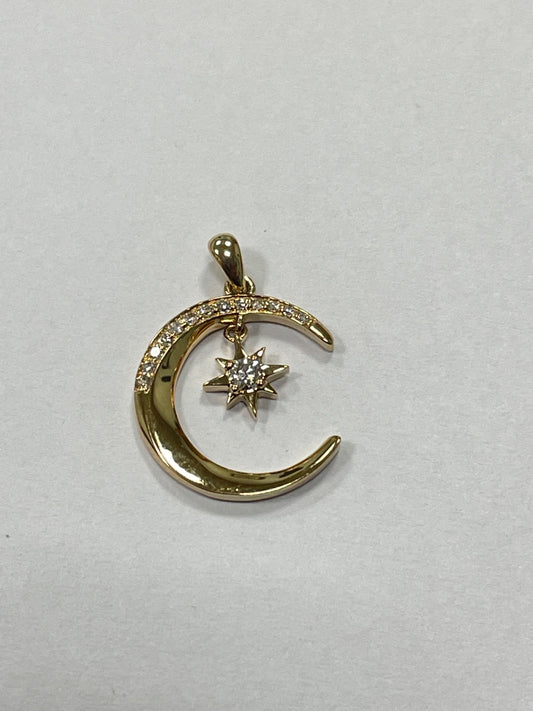 14K Yellow Gold Moon and Star  Pendant with Diamond
