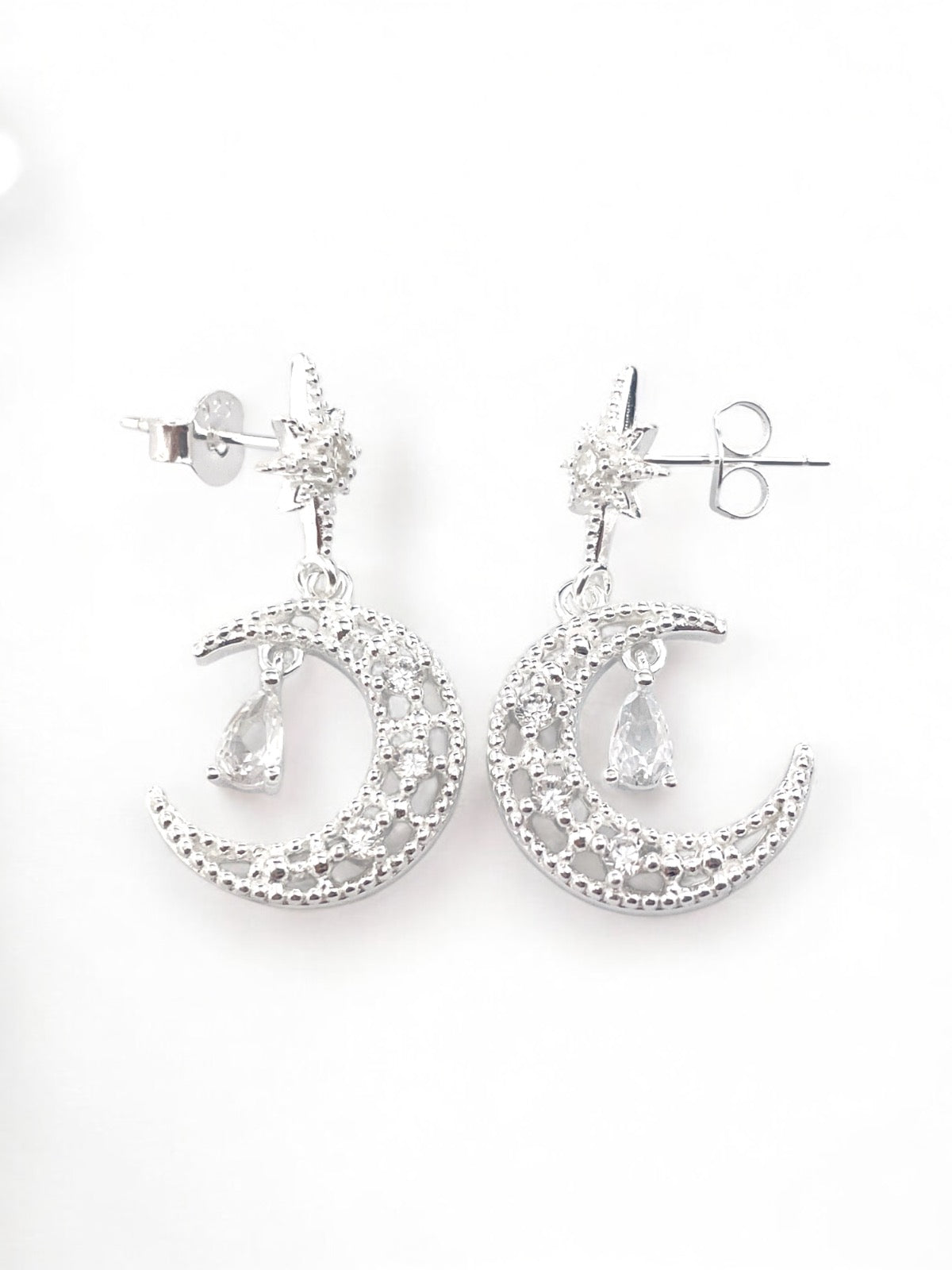 White Silver Moon Earring with CZ