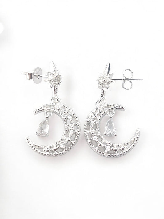 White Silver Moon Earring with CZ