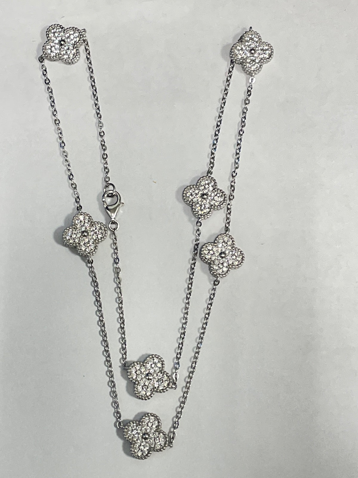 White Silver Clover  Necklace with CZ