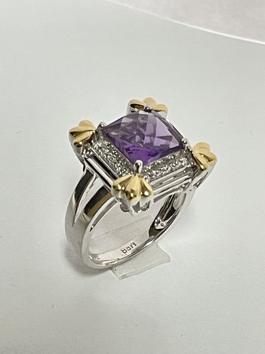 14K White Gold  Ring with Diamond and Amethyst