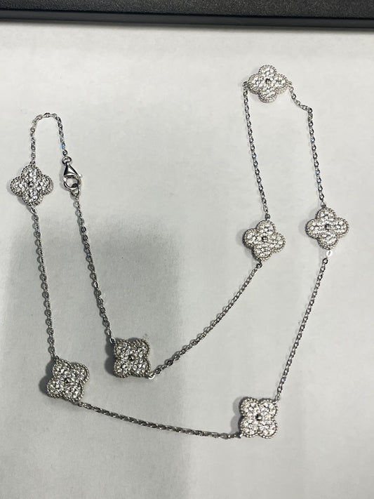 White Silver Clover  Necklace with CZ