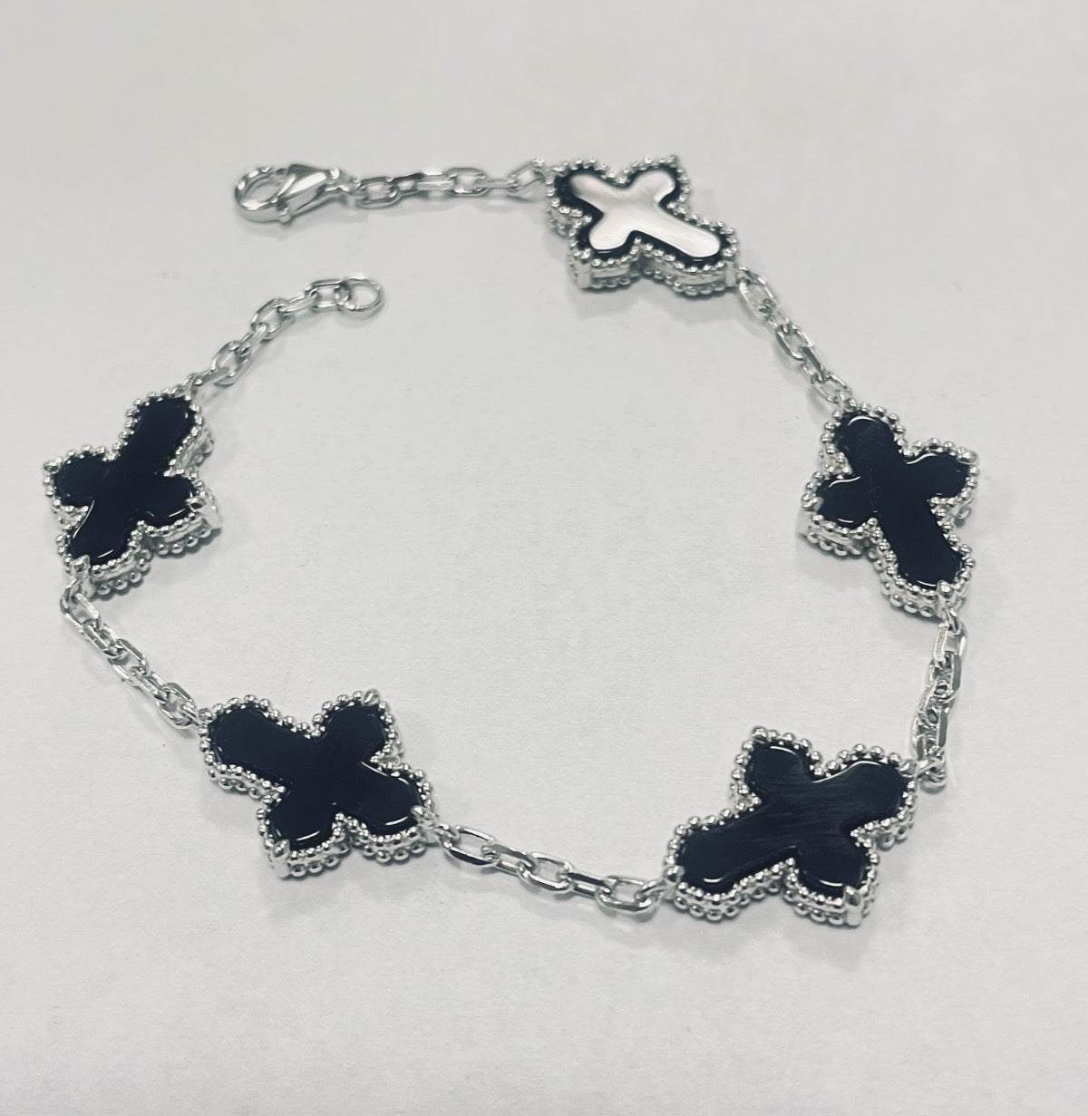 White Silver Black Cross  Bracelet with CZ