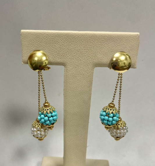 18K Yellow Gold  Earring with Turquoise and Pearl
