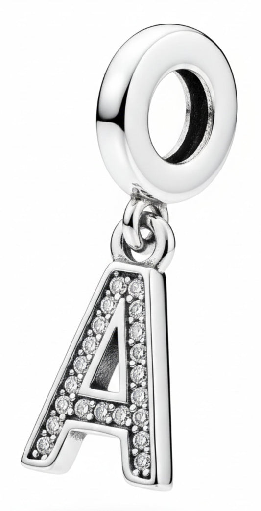 White Silver Pandora Letter A Charm with CZ
