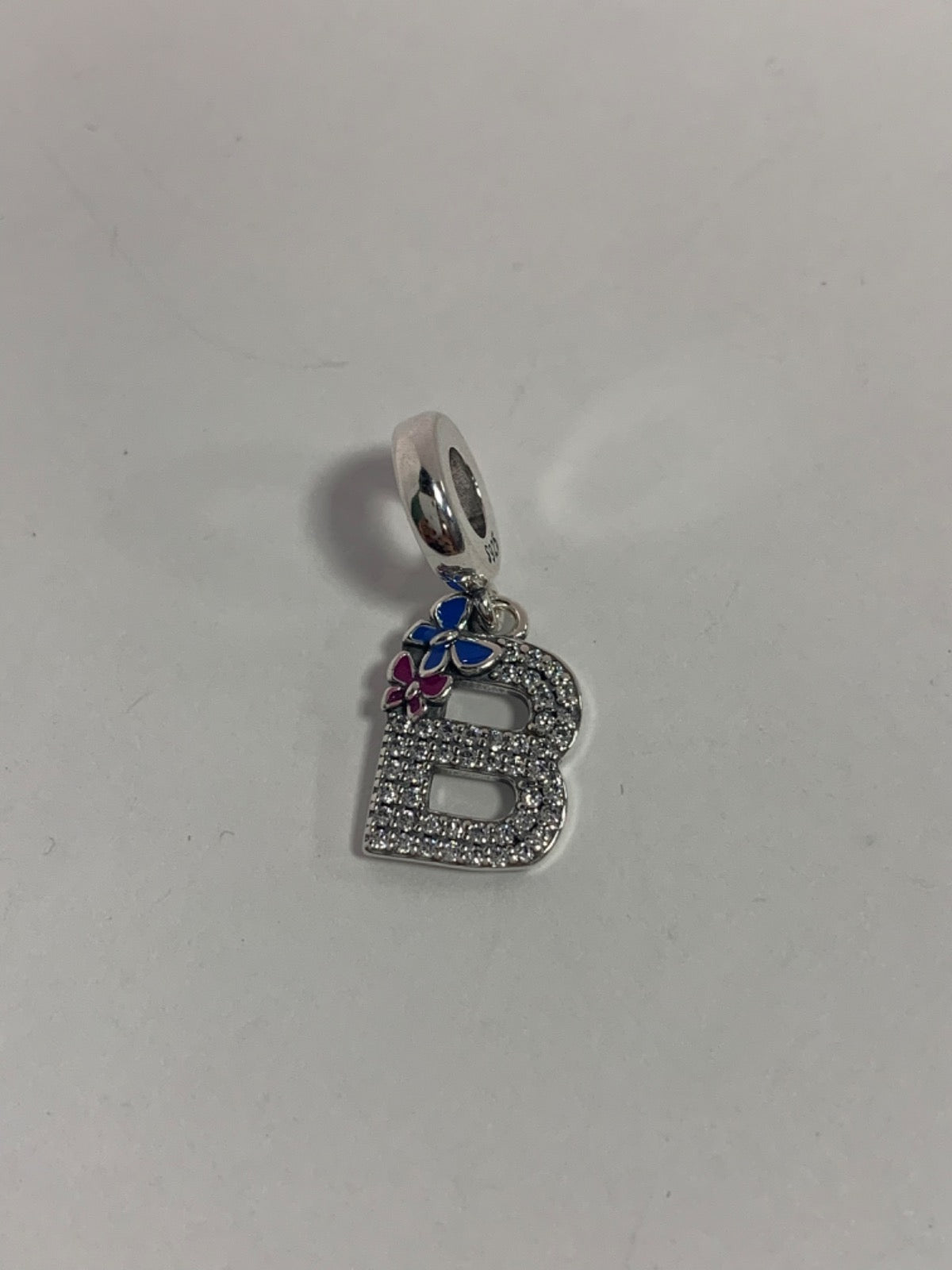 White Silver B Charm with CZ
