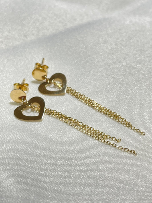 18K Yellow Gold Heart and Chain  Earring