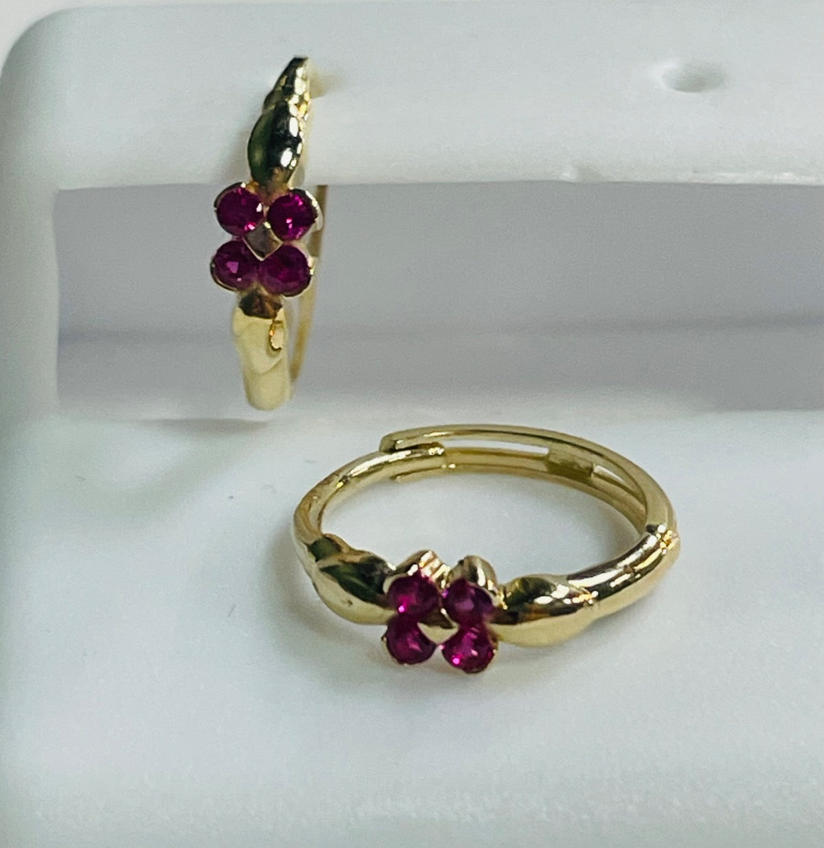 14K Yellow Gold Small Hoop Ruby Flower  Earring with CZ