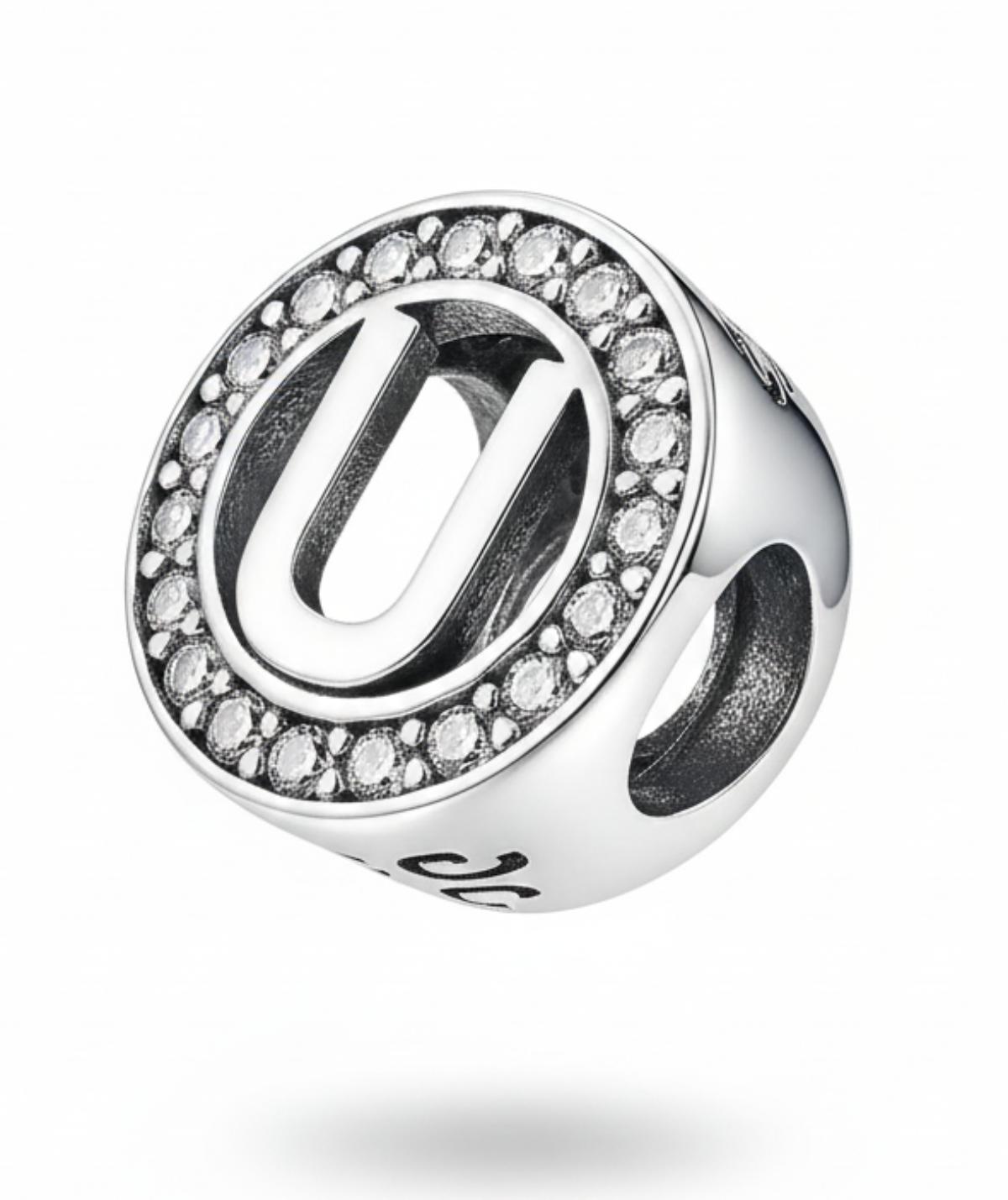 White Silver Pandora Letter U Charm with CZ