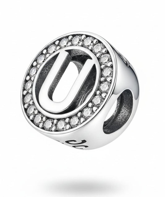 White Silver Pandora Letter U Charm with CZ