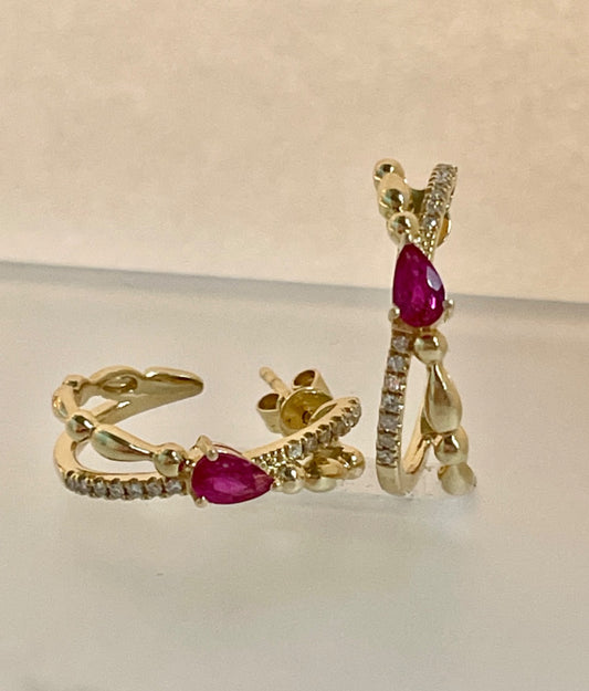 14K Yellow Gold  Earring with Diamond and Pink Sapphire