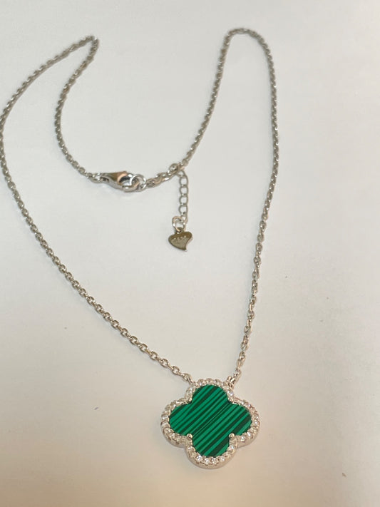White Silver Clover Charm Necklace Set with CZ