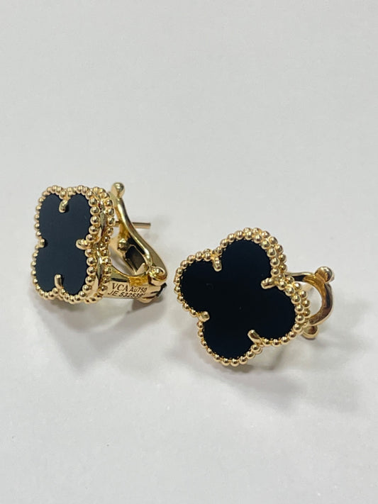 18K Yellow Gold Clover  Earring with Onyx