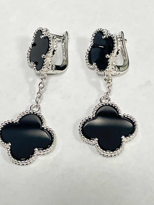 White Silver Clover Black Earring with CZ