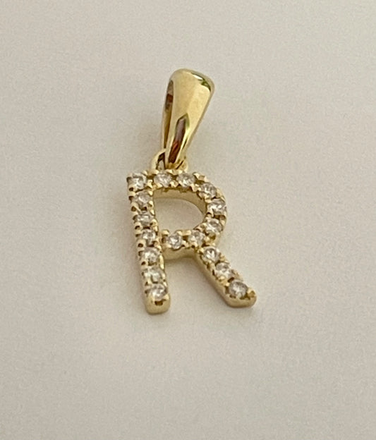 14K Yellow Gold Small Letter R  Pendant with Diamond