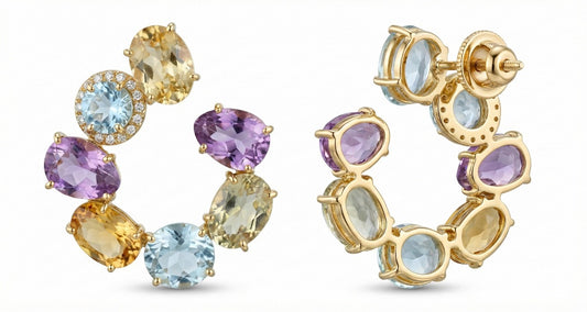 18K Yellow Gold  Earring with Diamond, Amethyst, Topaz, Citrine and Green Gold