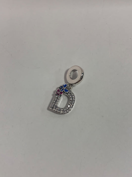 White Silver D Charm with CZ