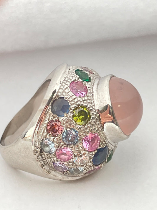 White Silver Pink Ring with Quartz