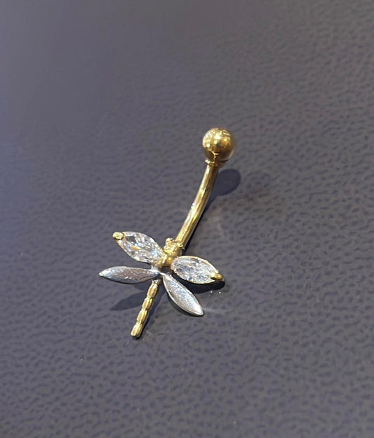 18K Yellow Gold Bellybutton  Dragonfly  Piercing with CZ