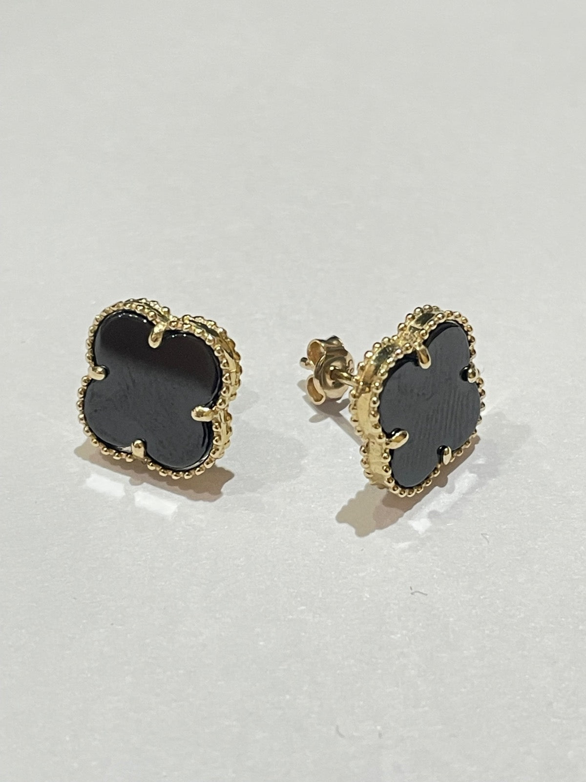 14K Yellow Gold Black Clover  Earring with CZ