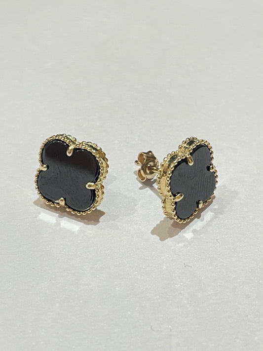 14K Yellow Gold Black Clover  Earring with CZ