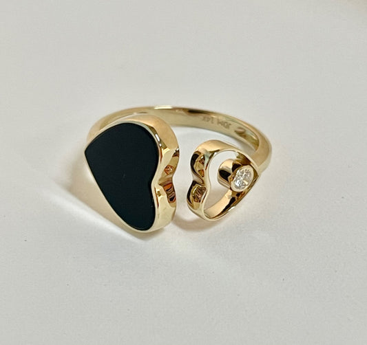 14K Yellow Gold Hearts  Ring with Diamond and Onyx