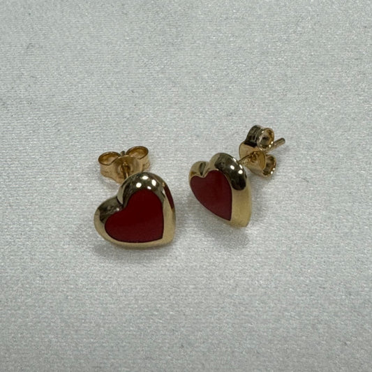 14K Yellow Gold Red Heart Earring