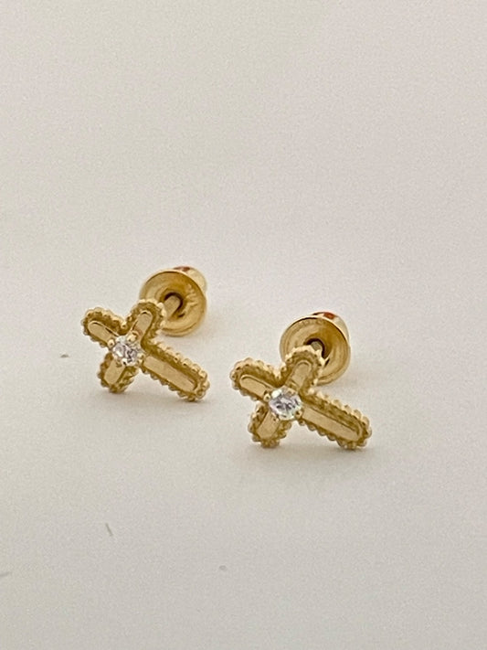 14K Yellow Gold Cross  Earring with CZ