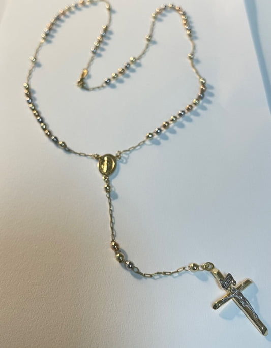 14K Tri-Tone Gold Rosary  Charm Necklace Set