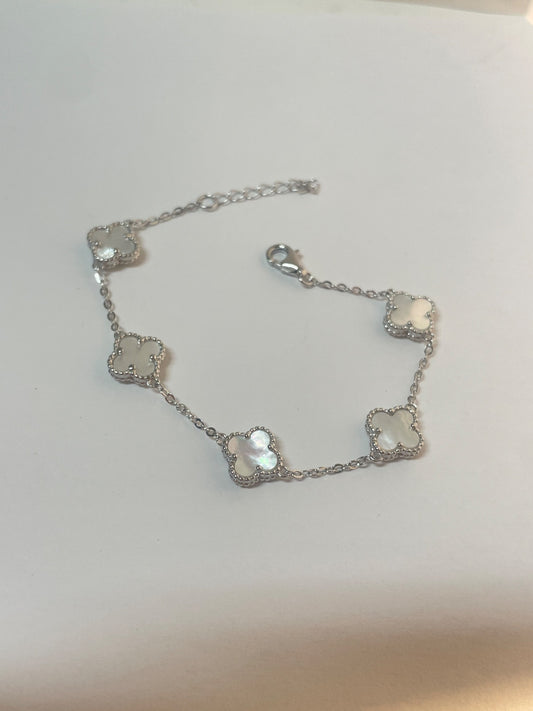 White Silver Clover  Bracelet with CZ