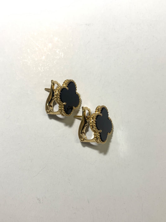 18K Yellow Gold Clover Earring with Onyx