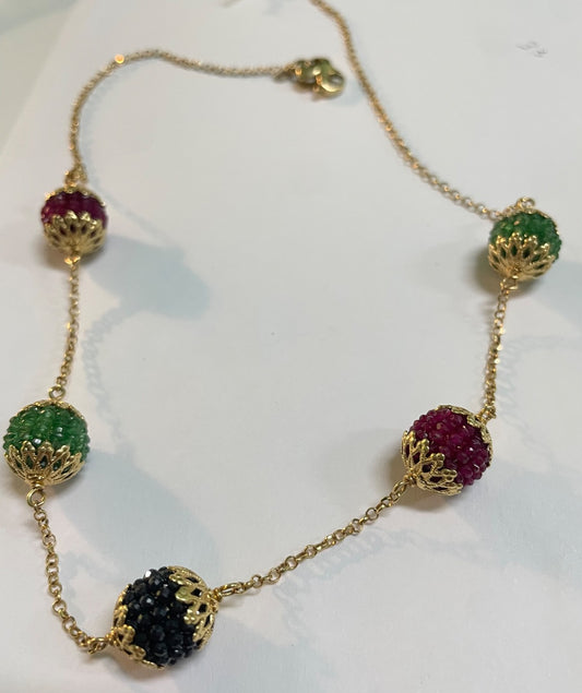 18K Yellow Gold  Charm Necklace Set with Sapphire, Emerald and Ruby