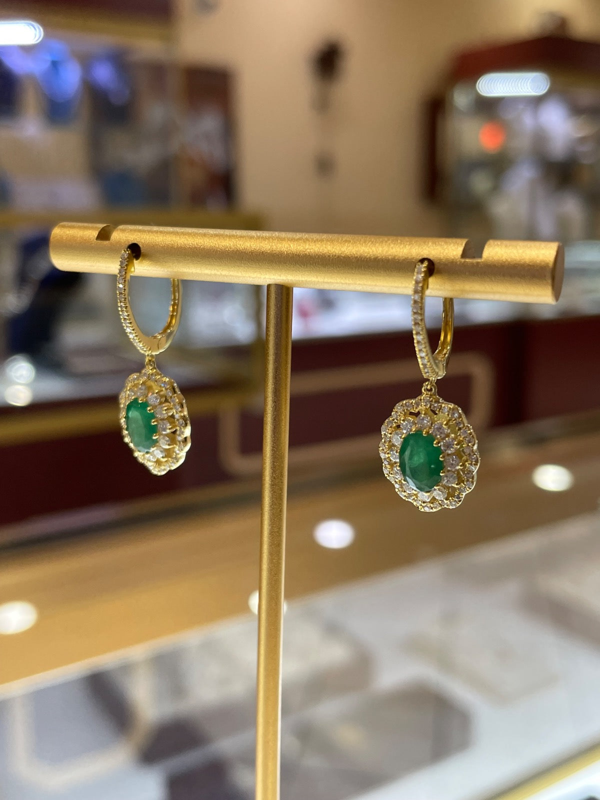 14K Yellow Gold  Earring with Emerald and Diamond
